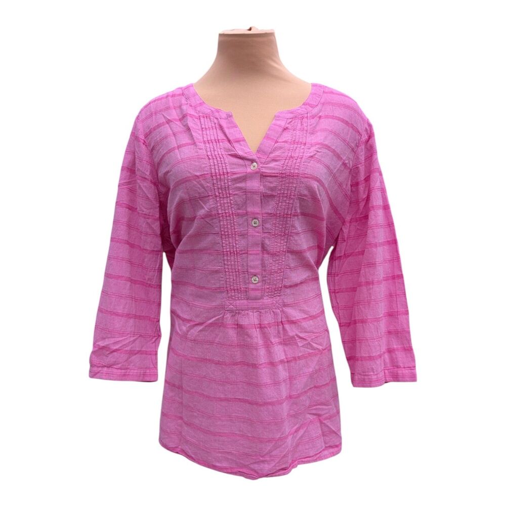 Talbots Pink Striped 3/4 Sleeve VNeck Pullover Tunic Blouse Women's Size 2XP